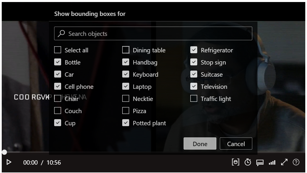 Captura de ecrã da filtragem de objetos detetados na interface do Media Player