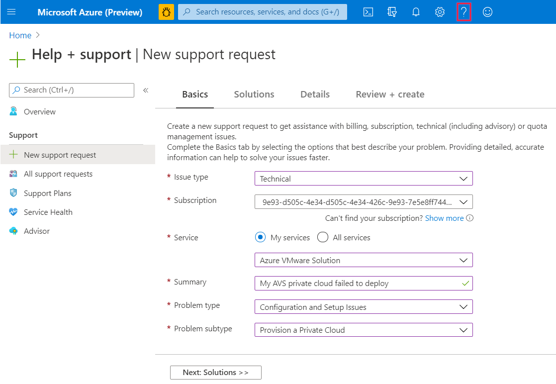 Captura de ecrã do painel Novo pedido de suporte no portal do Azure.