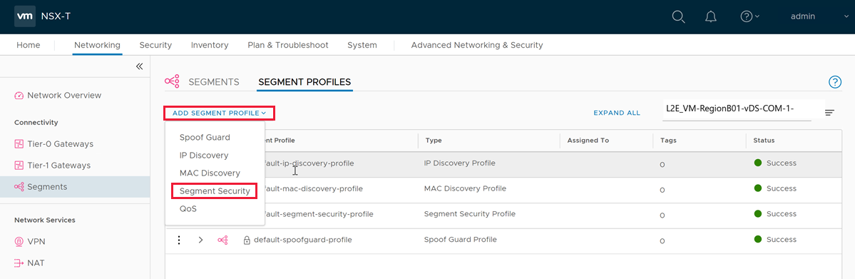Screenshot of how to add a segment profile in NSX-T Data Center.