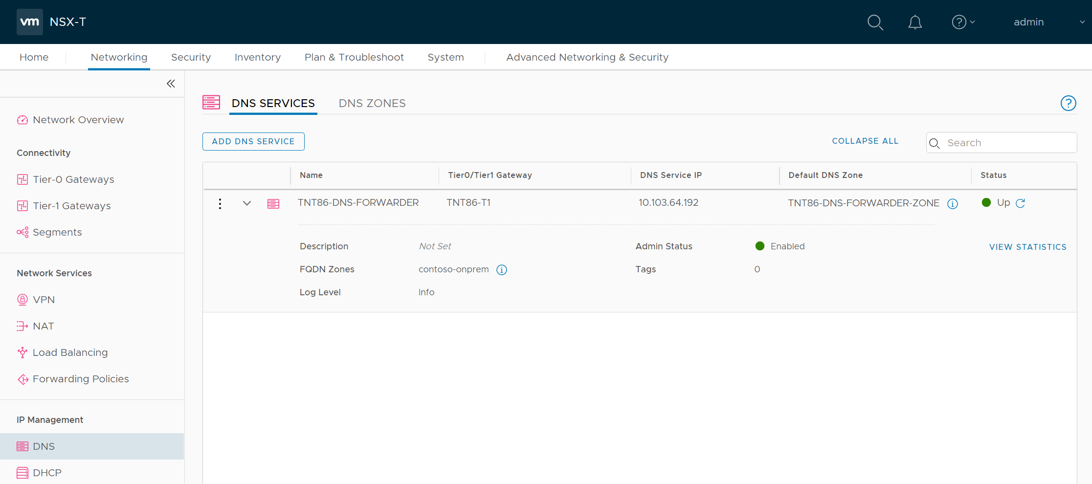 Screenshot showing the DNS Services tab in NSX-T Manager.