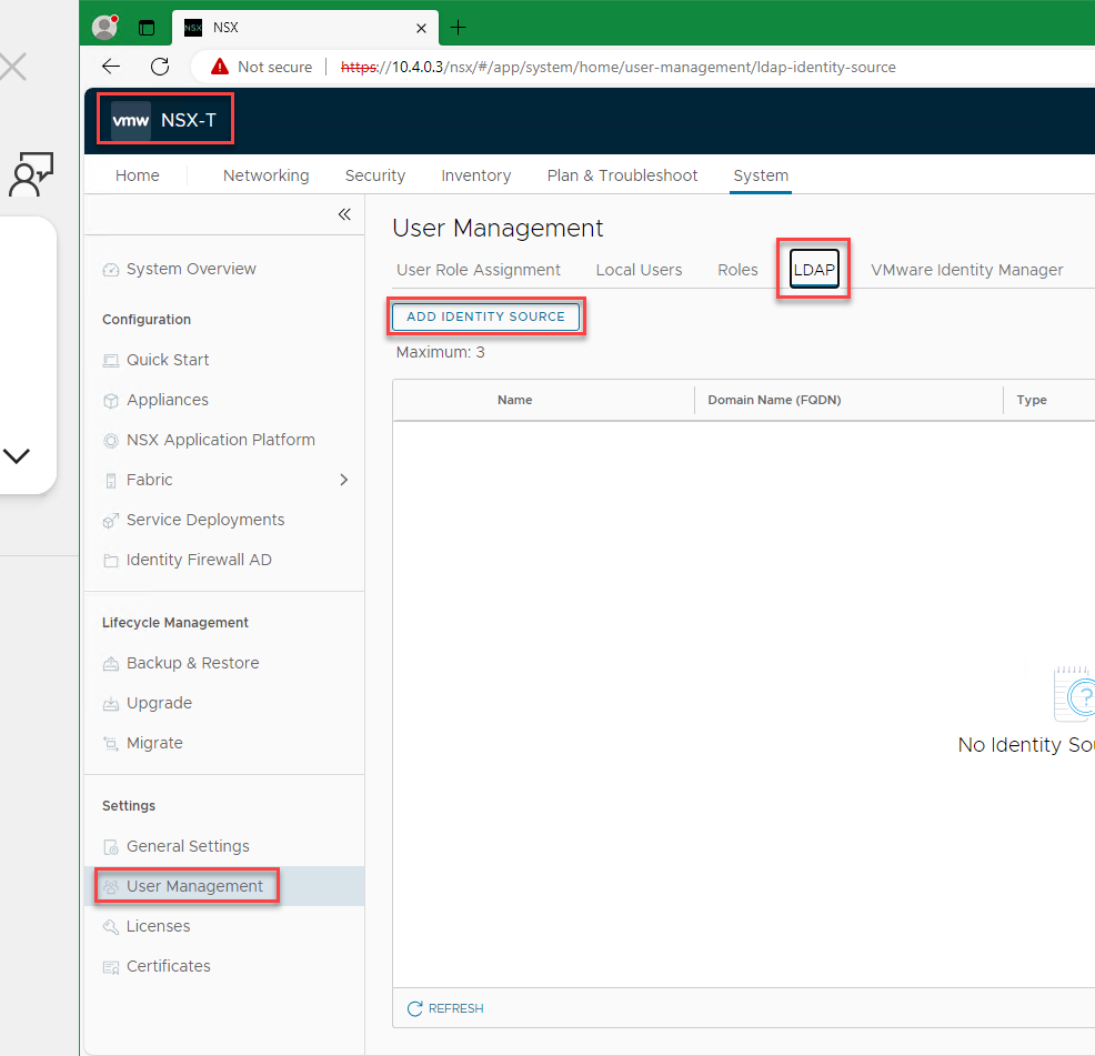 Captura de tela que mostra o NSX Manager com as opções realçadas.