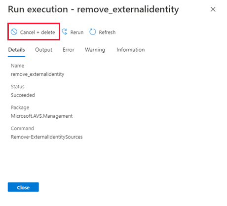 Captura de tela mostrando como cancelar e excluir um comando de execução.