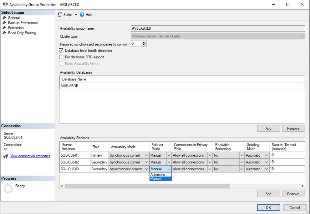 Diagrama mostrando as propriedades do Grupo de Disponibilidade AlwaysOn.