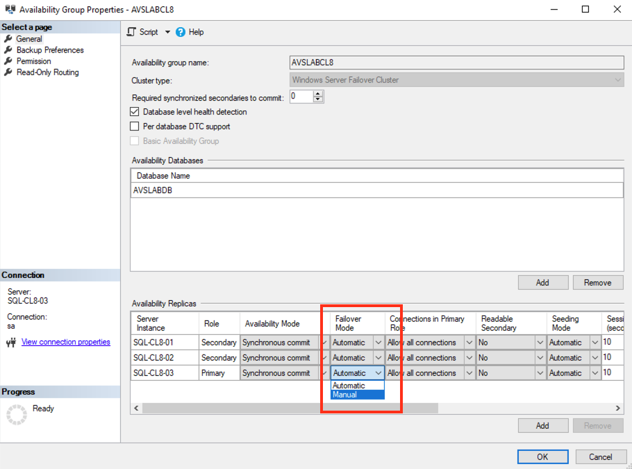 Diagrama mostrando uma configuração de failover de volta para Automático para todas as réplicas.