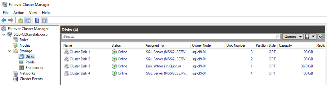 O diagrama mostra a verificação de armazenamento de cluster do Gerenciador de Cluster de Failover do Windows Server.