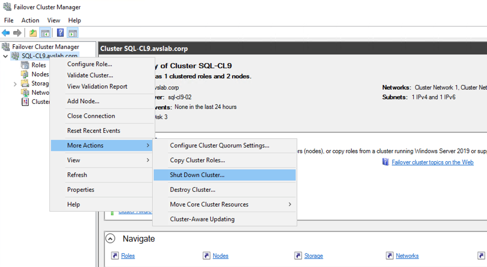 O diagrama mostra um cluster de desligamento usando o Gerenciador de Cluster de Failover do Windows Server.