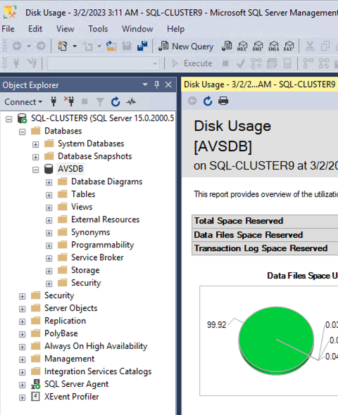 O diagrama mostra uma verificação da conexão do SQL Server Management Studio com o banco de dados de instância de cluster migrado.