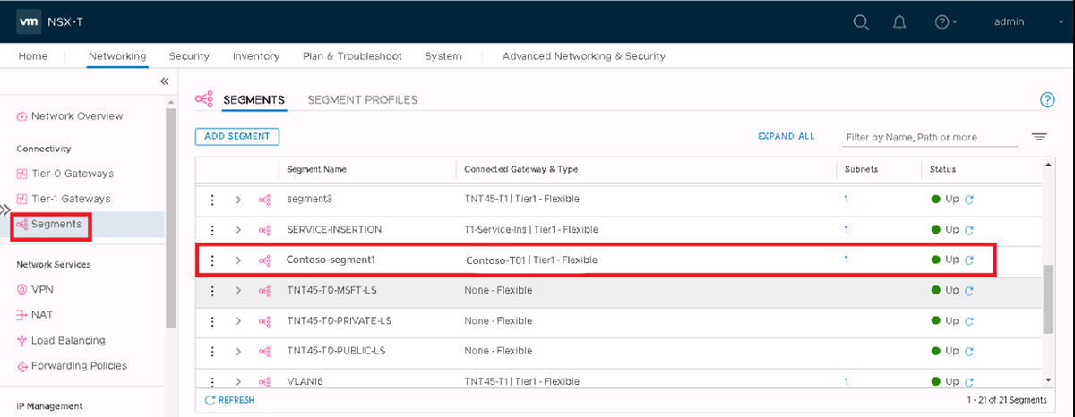 Captura de tela mostrando perfis de segmento no NSX Manager.