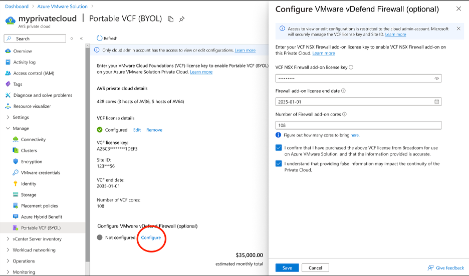 Captura de ecrã das seleções para registar uma licença de firewall VCF numa cloud privada Solução VMware no Azure.