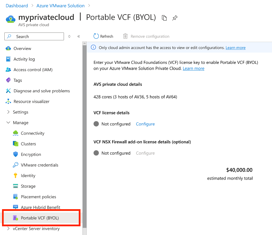 Captura de ecrã da página de gestão para registar uma subscrição portátil VCF numa cloud privada Solução VMware no Azure.