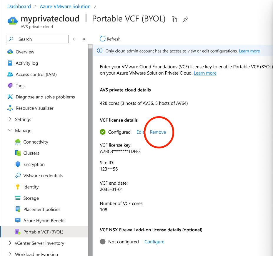 Captura de ecrã das seleções para remover uma subscrição VCF que já está registada numa cloud privada Solução VMware no Azure.