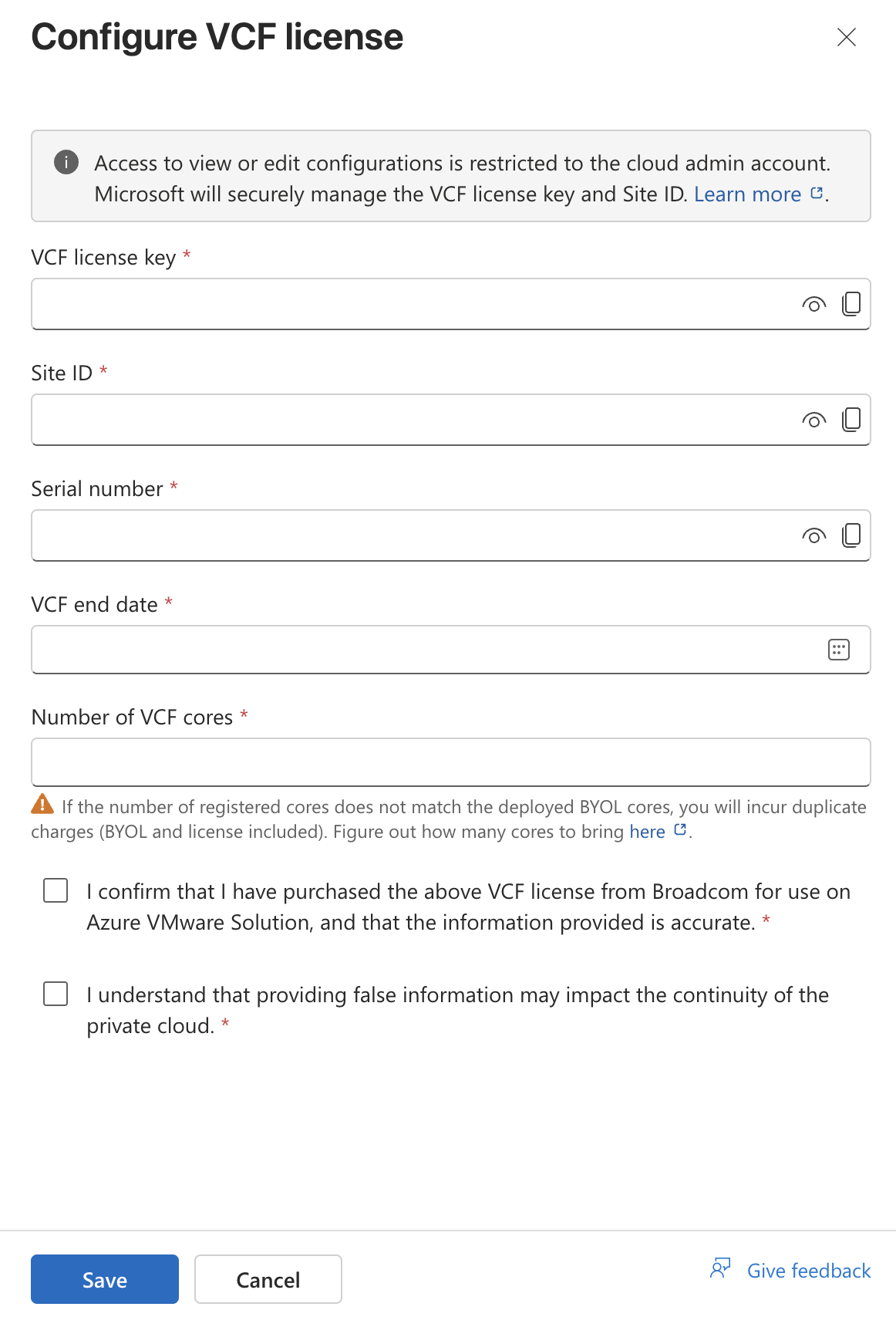 Captura de ecrã do painel de detalhes de configuração para registar uma subscrição portátil do VCF numa cloud privada do Solução VMware no Azure.