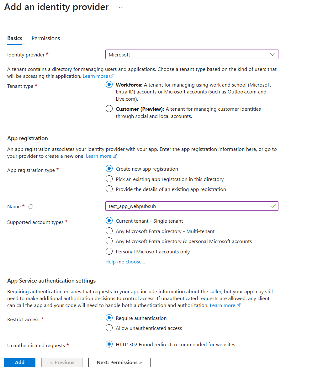 Captura de tela que mostra informações básicas para adicionar um provedor de identidade.