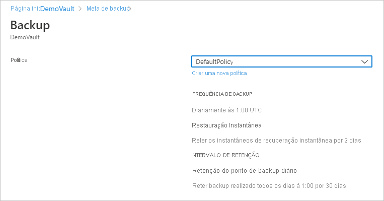 Screenshot showing the default backup policy.