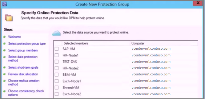 Screenshot showing the Create New Protection Group Wizard to specify the data that you would like DPM to help protect online.
