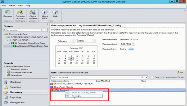 Captura de tela mostrando como selecionar o objeto do SharePoint mostrado na guia Recuperação de MABS.