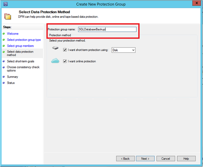 Screenshot shows the Data Protection Method - short-term disk & Online Azure.