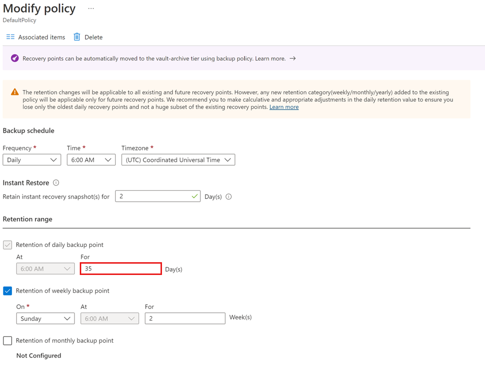 Captura de tela mostrando como exibir uma política de backup para modificação.