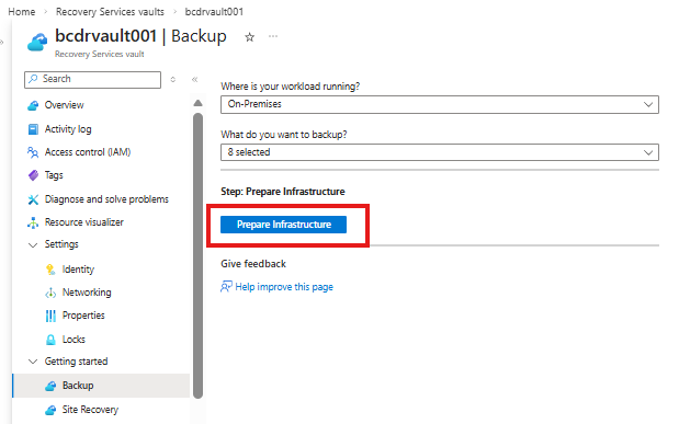 Captura de ecrã que mostra a opção Preparar infraestrutura selecionada no painel de Objetivos de Backup.