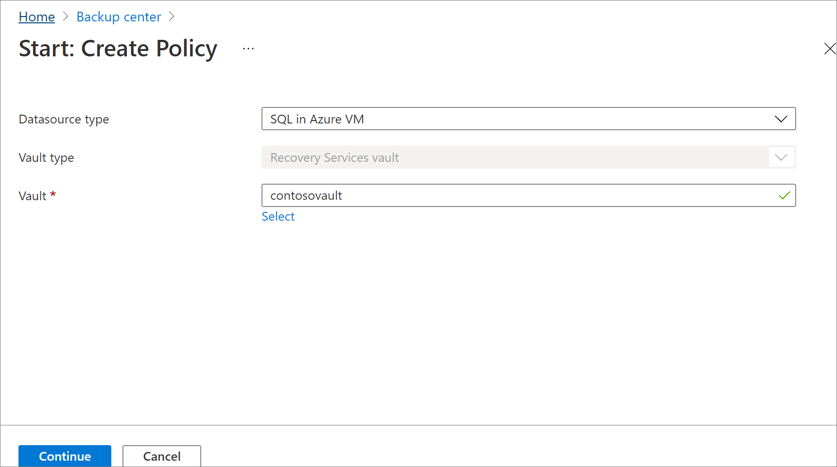 Screenshot mostrando para escolher um tipo de política para a nova política de backup.