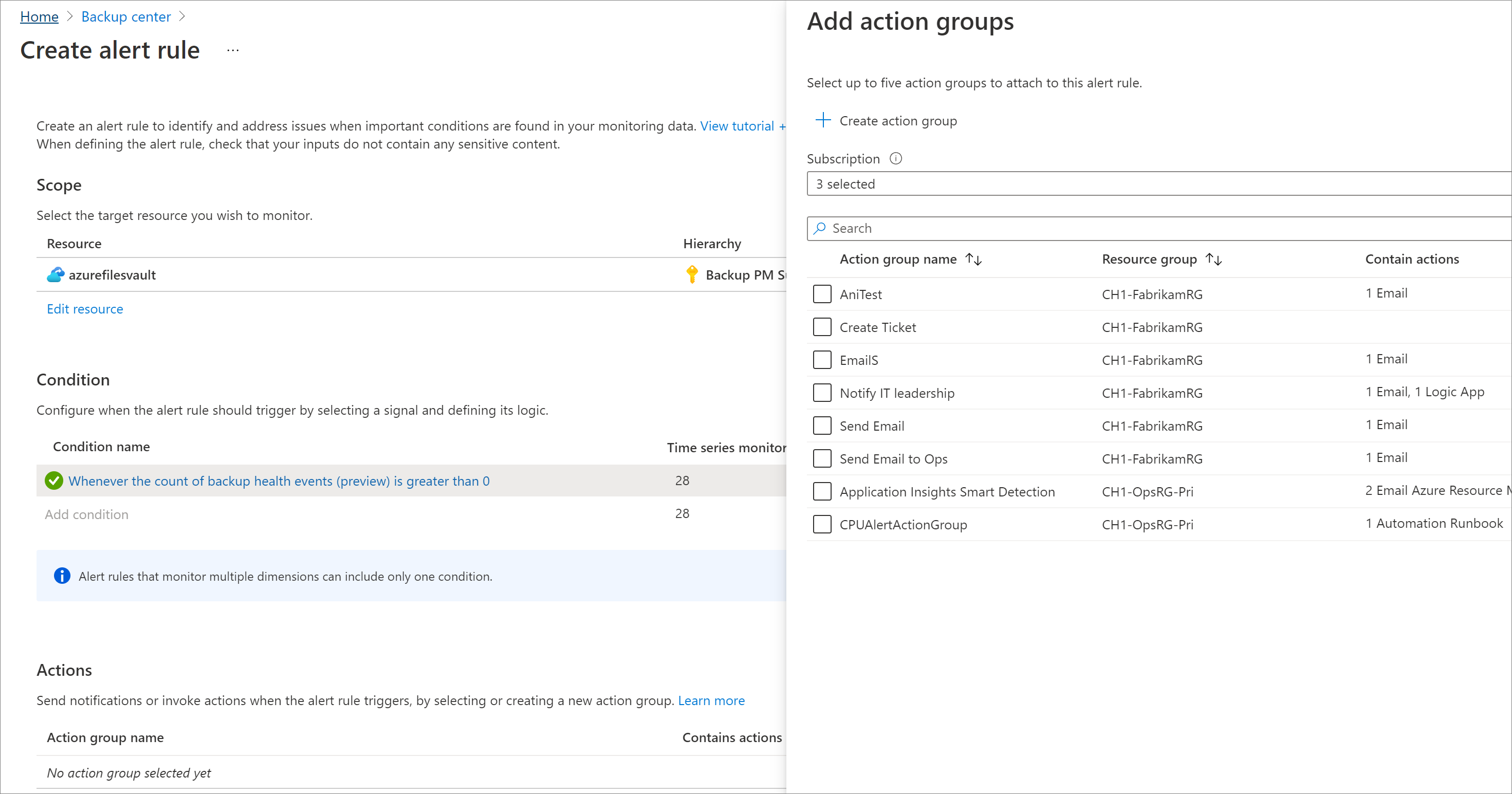 Screenshot mostrando o processo para configurar notificações para estes alertas usando Grupos de Ação.