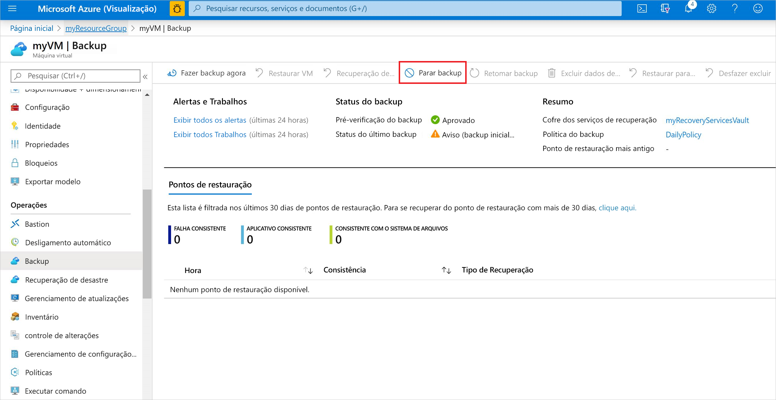 Captura de ecrã a mostrar para parar a cópia de segurança da VM do portal do Azure.