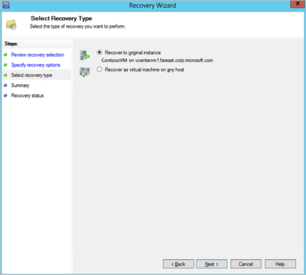 Screenshot showing the Recovery Wizard to select recovery type.