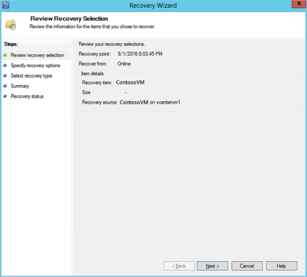 Screenshot showing the Recovery Wizard review dialog.