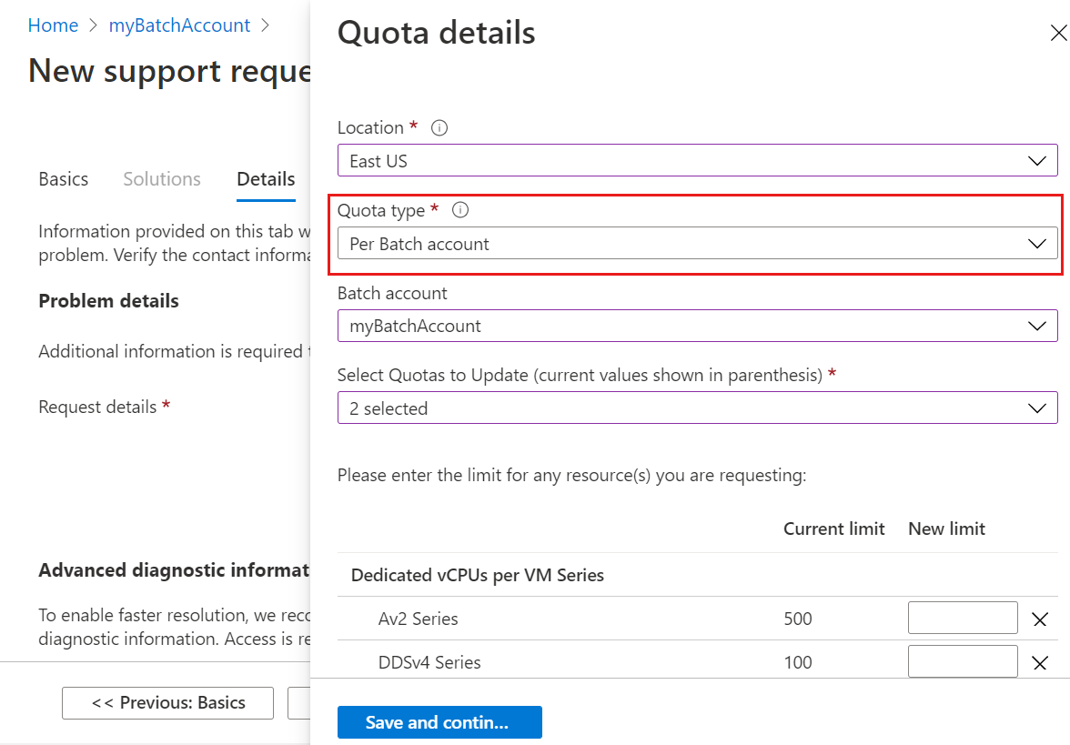 Captura de ecrã a mostrar o ecrã do pedido de aumento de quota, a realçar a caixa de seleção para o tipo de quota.