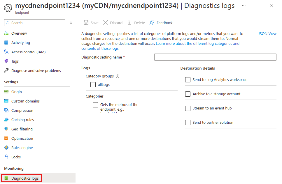 Captura de ecrã do botão de registos de diagnóstico no menu de monitorização.
