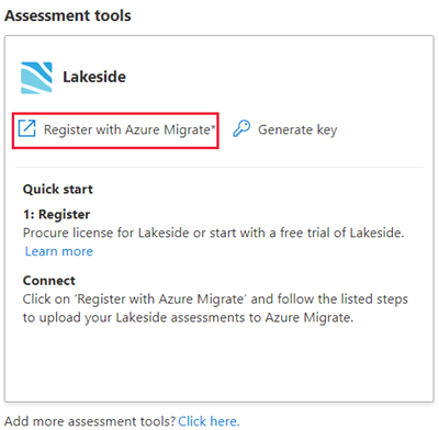 Screenshot que mostra o registo de Lakeside com Azure Migrate.