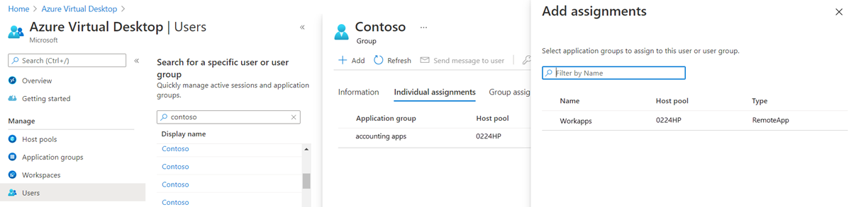 [Screenshot que mostra a atribuição de recursos de desktop virtual Azure aos utilizadores e grupos.