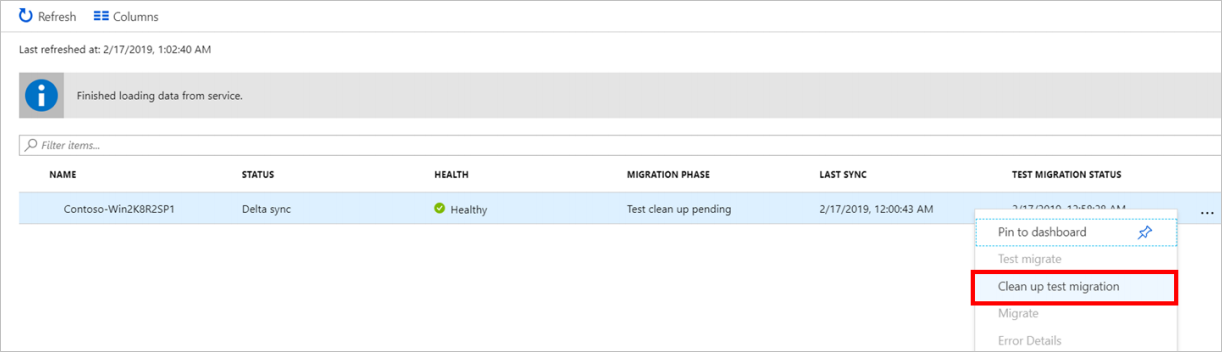 Screenshot que mostra o item de migração do teste Clean up.