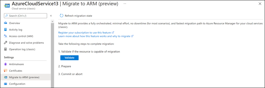 A imagem mostra a folha Migrar para ARM no portal do Azure.