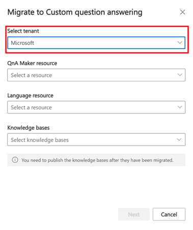 Migrate QnAMaker with red selection box around the tenant selection option