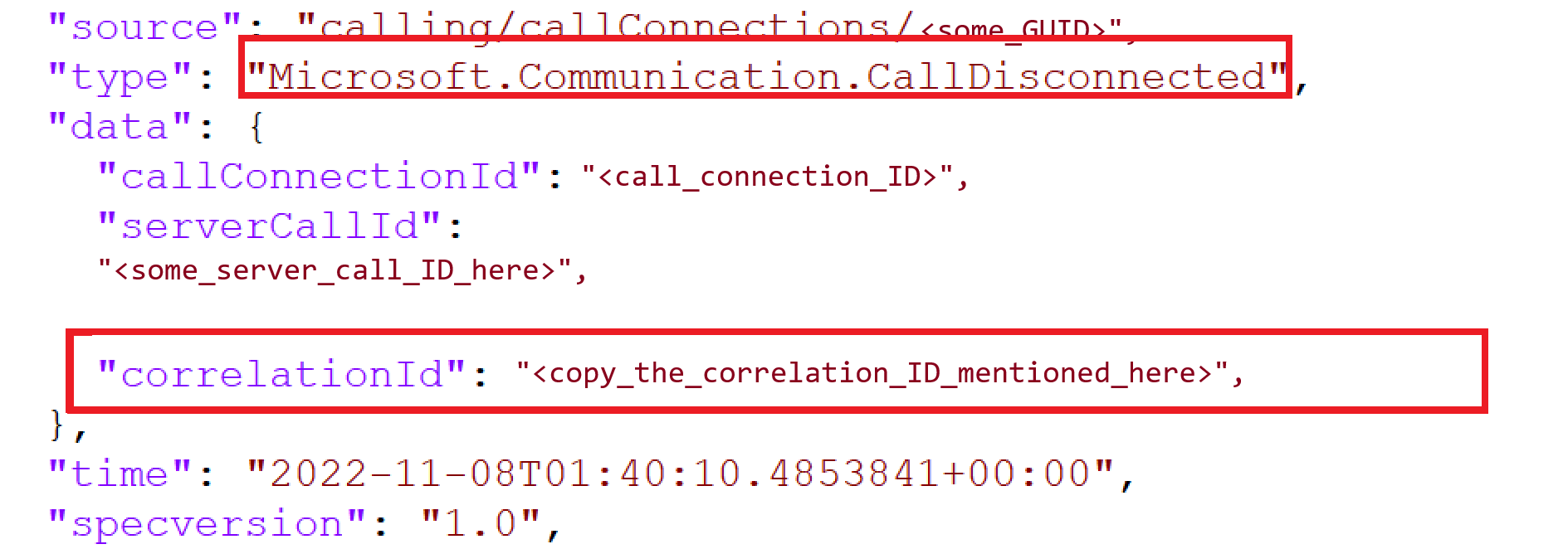 Captura de tela do evento de chamada desconectada mostrando a ID de correlação.