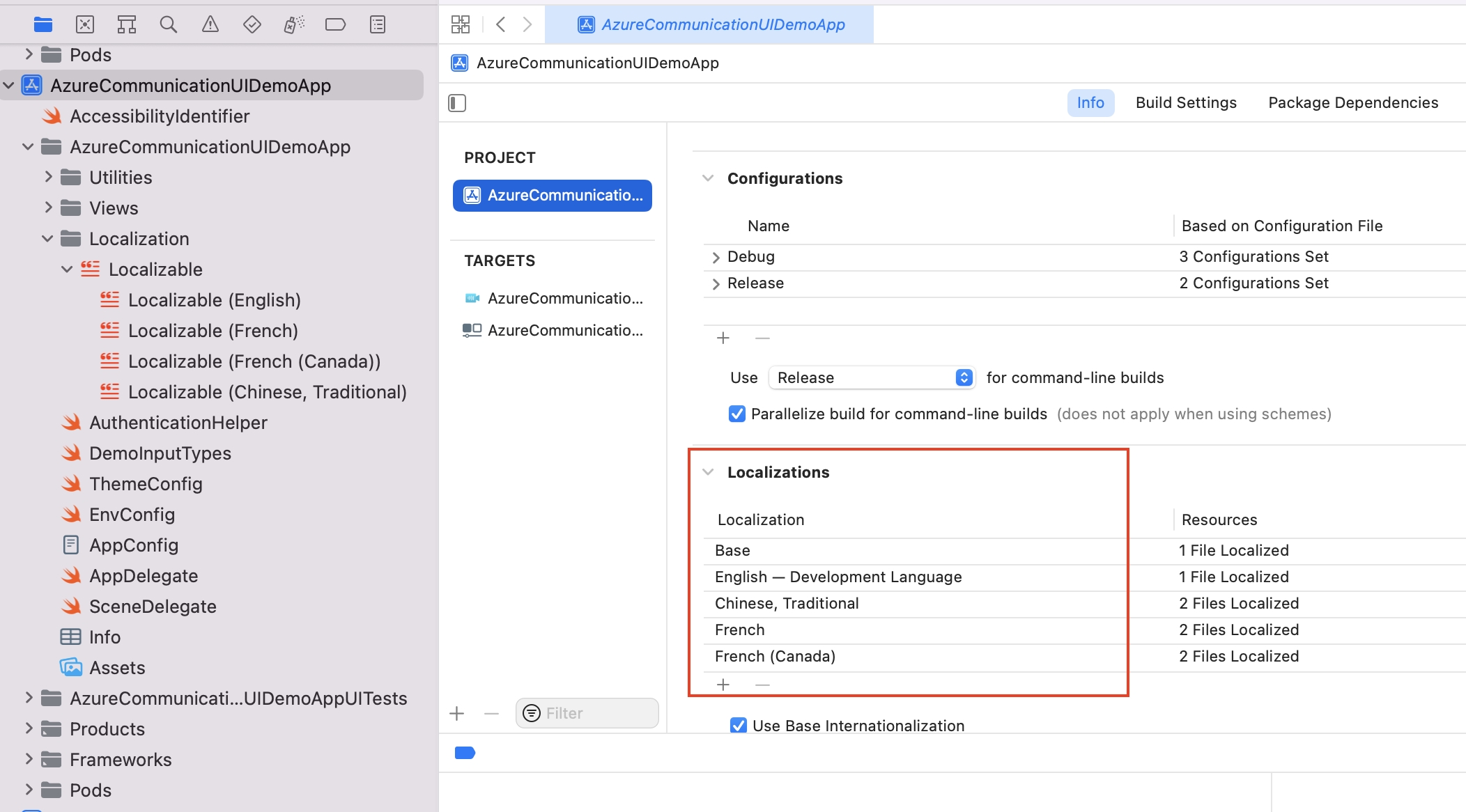 Captura de tela que mostra as localizações do projeto iOS Xcode.