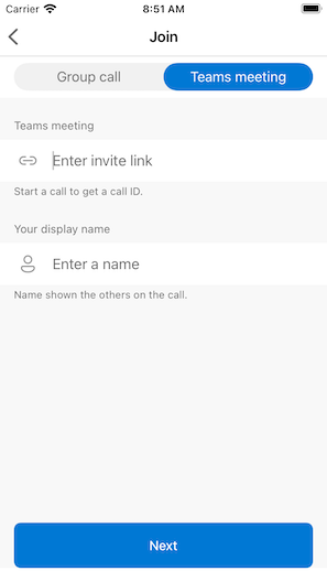 Screenshot mostrando o ecrã de chamada de junção da aplicação da amostra.