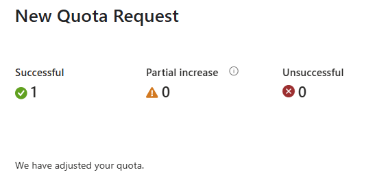 Captura de tela da solicitação de cota bem-sucedida.