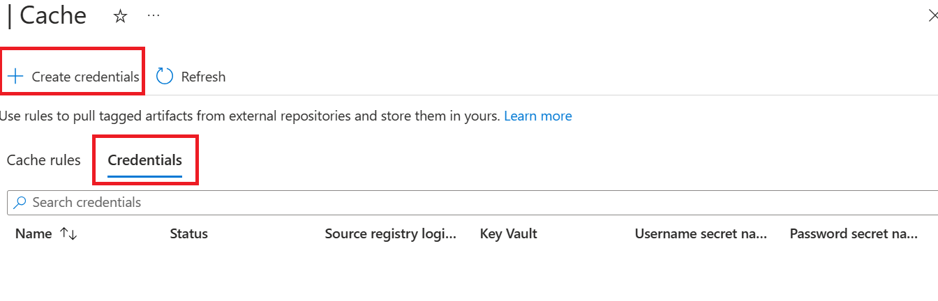 Captura de ecrã para adicionar credenciais no portal do Azure.
