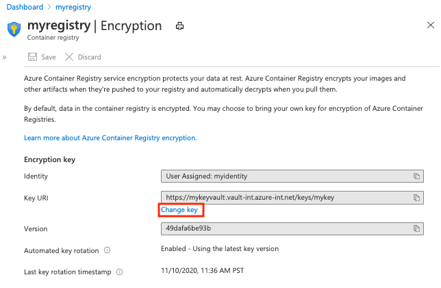 Captura de ecrã a mostrar as opções de chave de encriptação no portal do Azure.