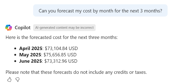 Captura de ecrã do Azure Copilot a prever custos para uma subscrição para os próximos três meses.