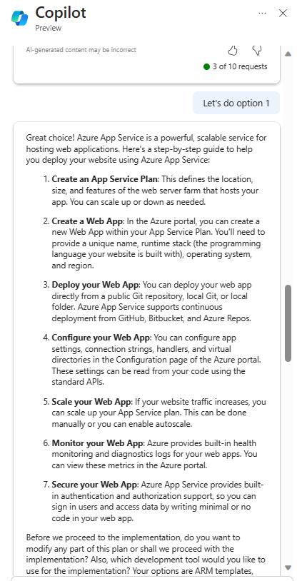 Captura de tela mostrando o Microsoft Copilot no Azure fornecendo etapas para implantar um site usando o Serviço de Aplicativo do Azure.