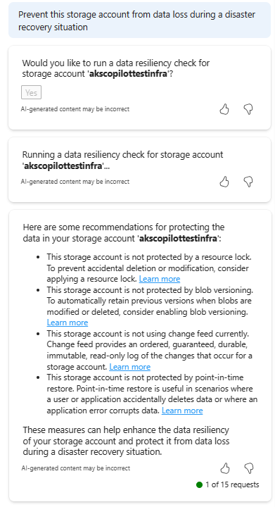 Captura de ecrã a mostrar o Microsoft Copilot no Azure a fornecer sugestões para melhorar a resiliência dos dados da conta de armazenamento.