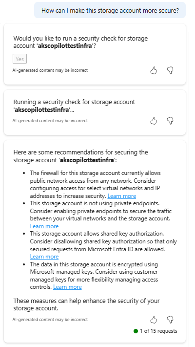 Captura de tela mostrando o Microsoft Copilot no Azure fornecendo sugestões sobre as práticas recomendadas de segurança da conta de armazenamento.