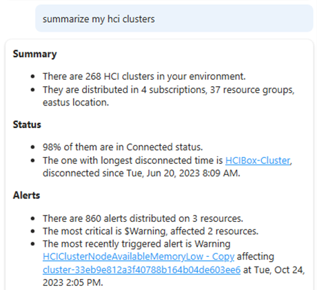 Captura de tela mostrando o Microsoft Copilot no Azure resumindo clusters HCI do Azure Stack.
