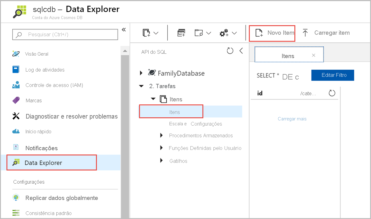 Criar documentos novos no Data Explorer no portal do Azure