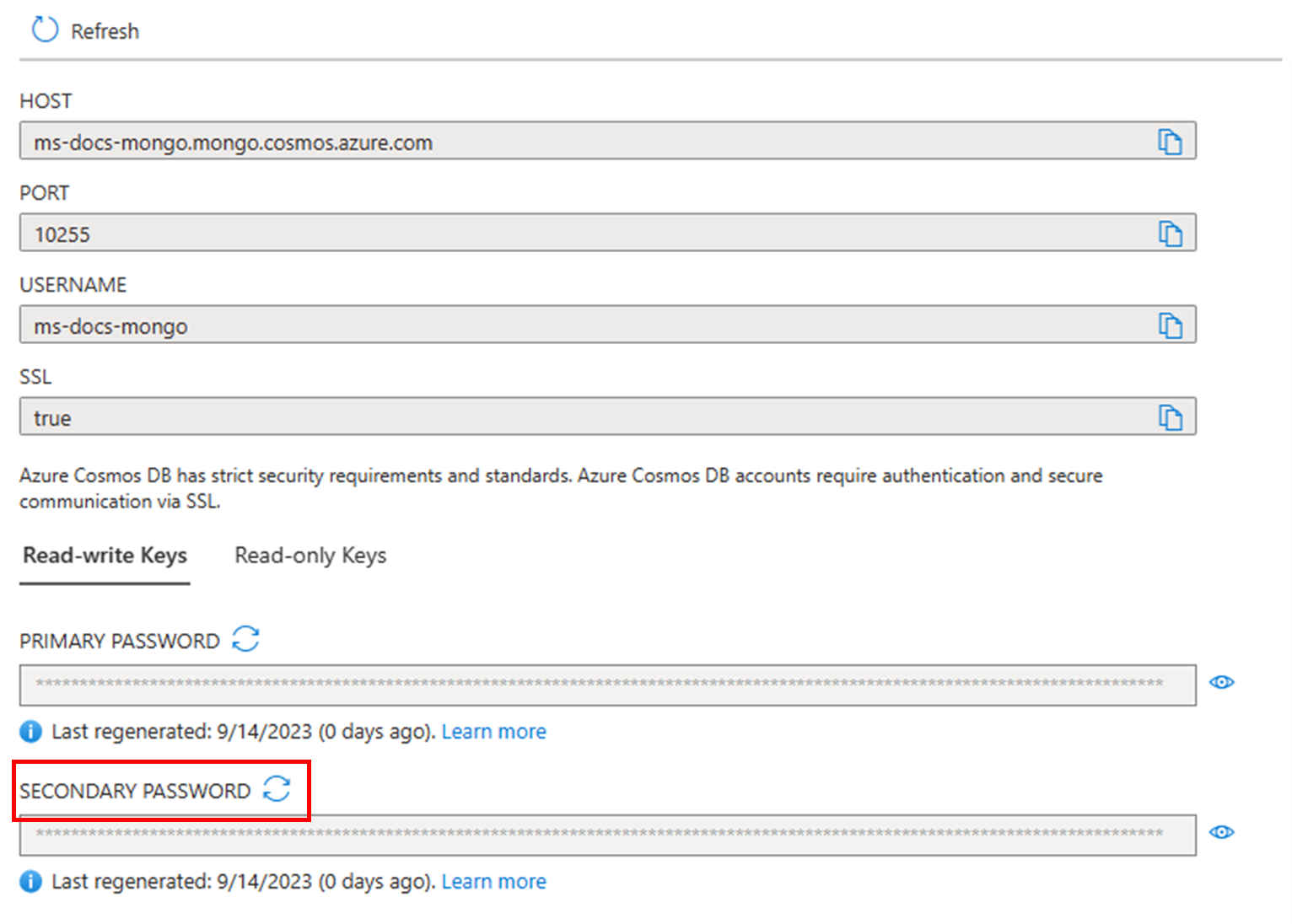 Captura de tela mostrando como regenerar a chave secundária no portal do Azure quando usada com o MongoDB.