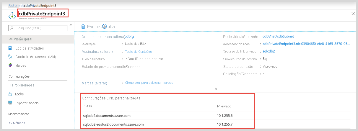 Captura de ecrã de endereços IP privados no portal do Azure