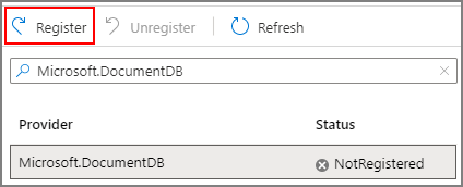 Captura de ecrã a mostrar a opção Registar do fornecedor de recursos Microsoft.DocumentDB.